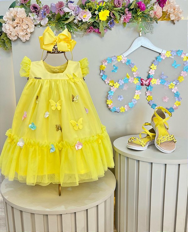 Vestido Infantil Amarelo Jardim Encantado Renda Festa Luxo