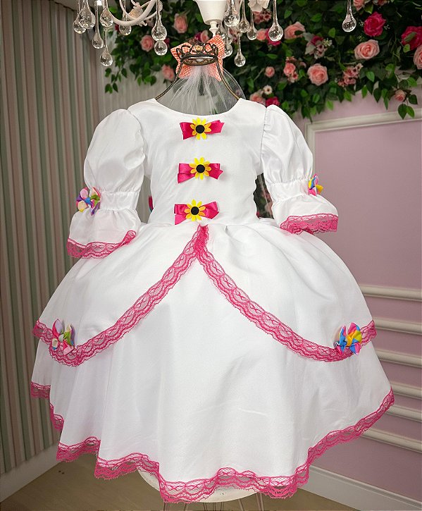 Vestido Junino Luxo Noiva/Noivinha Lacinhos Branco