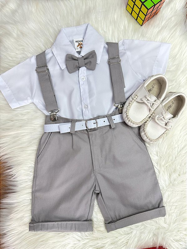 Conjunto Social Camisa Branca e Short Susp. Gravata Cinza