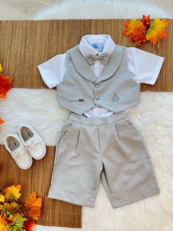 Conjunto Social Camisa Colete e Gravata Short Cinza Luxo
