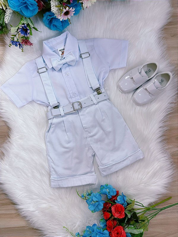 Conjunto Social Short Suspensório Gravata e Camisa Branca