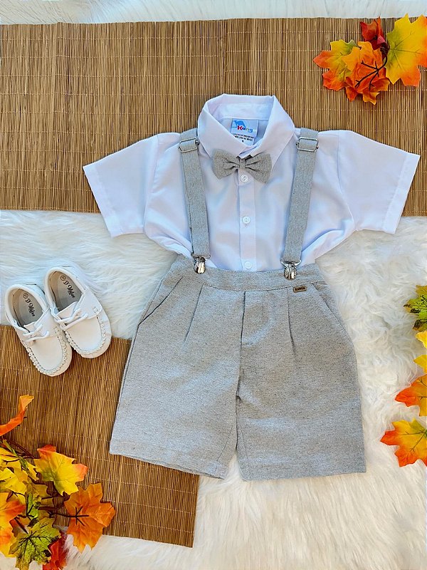 Conjunto Social Camisa Gravata Short e Suspensório Cinza