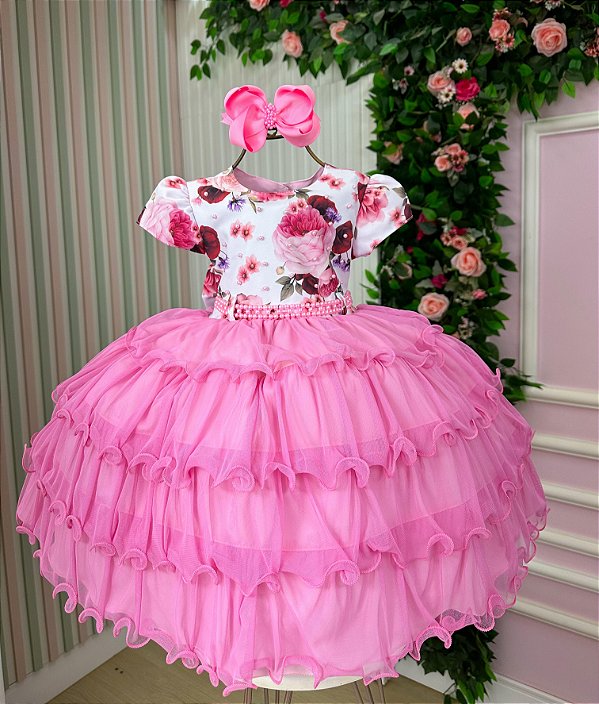 Vestido Jardim Encantado Rosa Peito Florido Rosa Chiclete