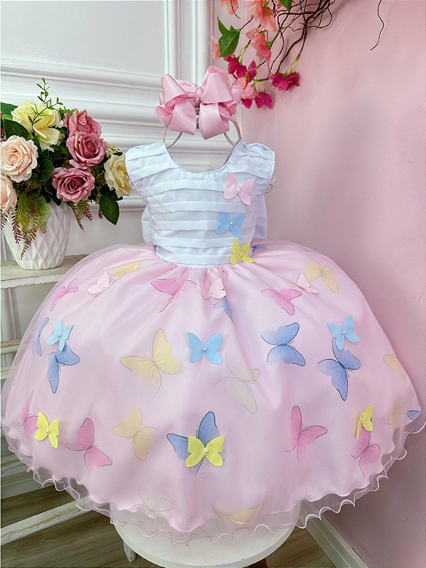 Vestido Infantil Branco Busto Plissado Jardim das Borboletas