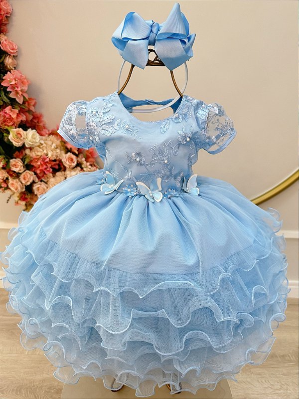 Vestido Infantil Azul Claro Jardim Encantado Saia Babados