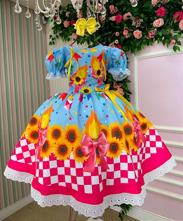 Vestido Junino Luxo Quadrilha das Estrelas Azul