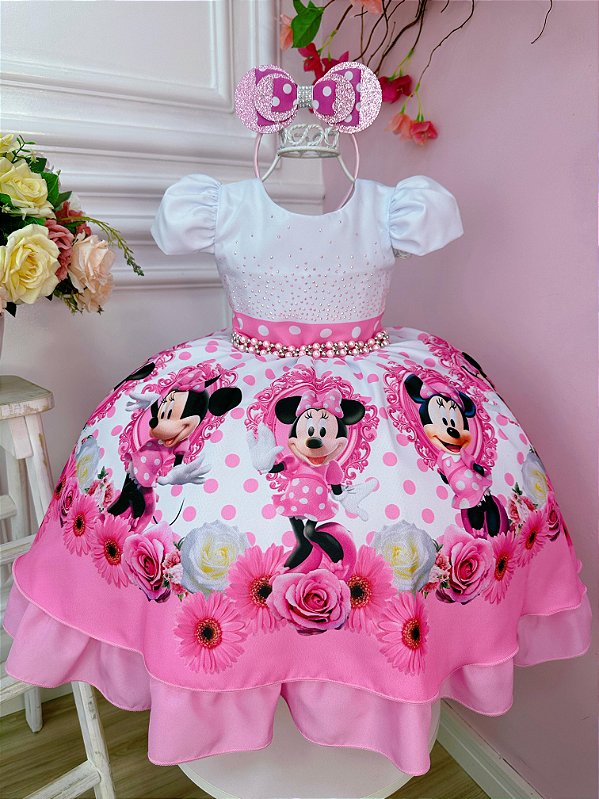 Vestido Infantil Minnie Rosa Bolinhas Pérolas Tiára