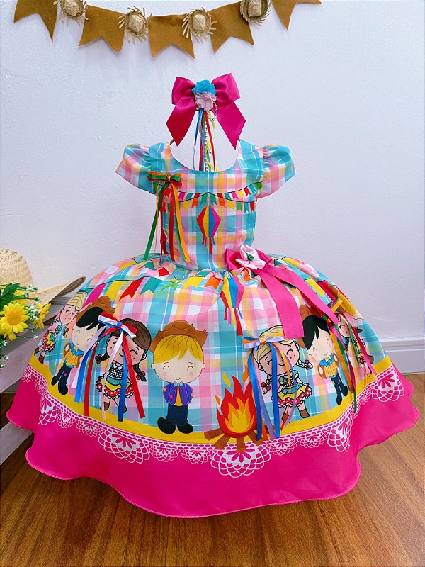 Vestido Infantil Junino Luxo Xadrez Colorido Festa São João