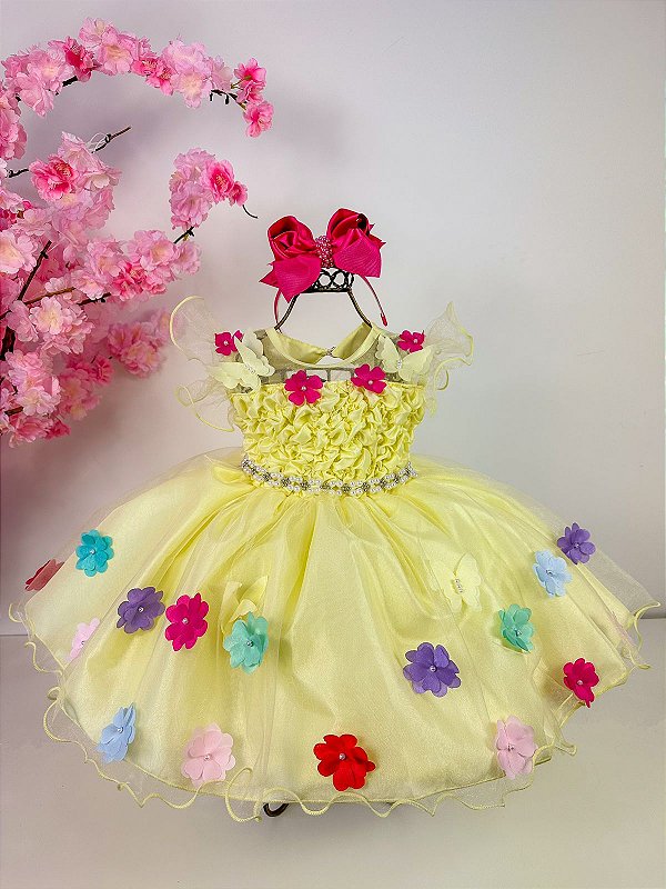 Vestido Jardim Encantado Amarelo Festa Flores Luxo