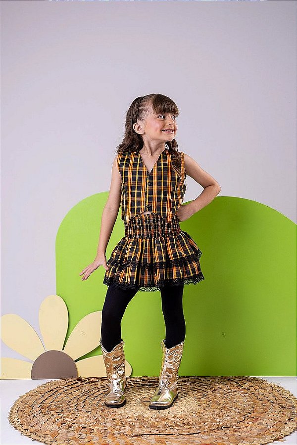 Conjunto Xadrez Infantil Quadrilha Junino Amarelo