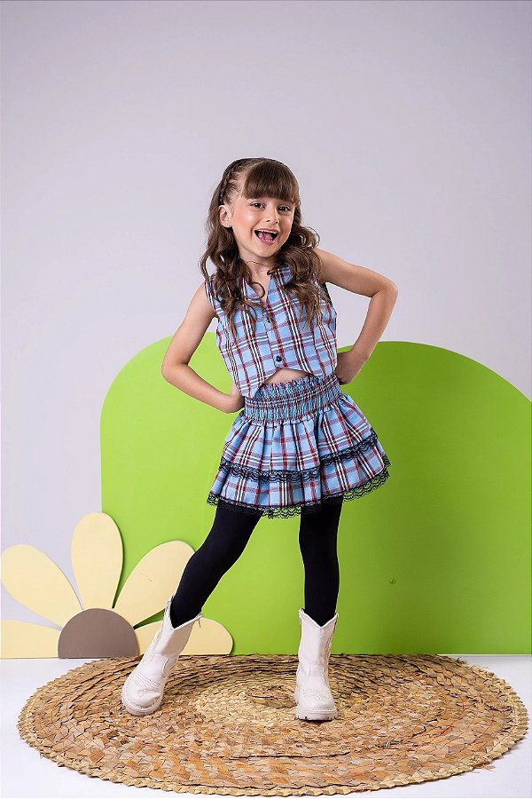 Conjunto Xadrez Infantil Quadrilha Junino Azul Bebe