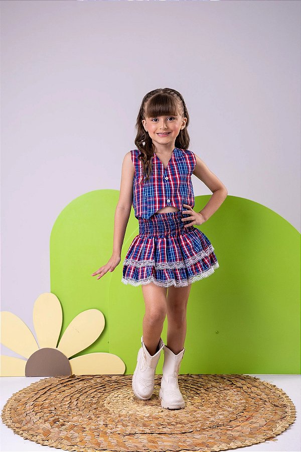 Conjunto Xadrez Infantil Quadrilha Junino Azul Marinho