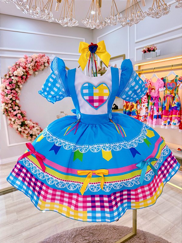 Vestido Infantil Junino Festas Azul Colorido Luxo