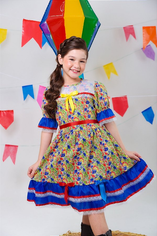 Fantasia Infantil Junino Verde Azul Com Estampa Florzinhas Festas