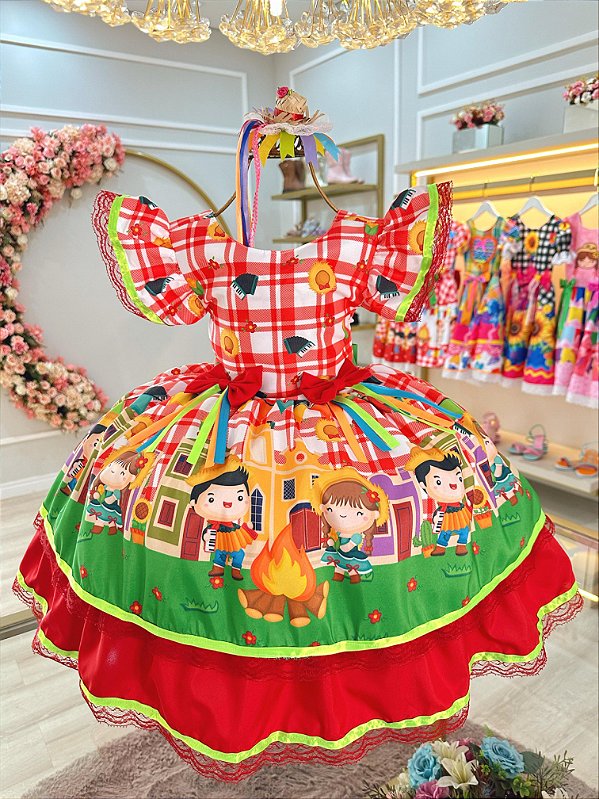 Vestido Infantil Junino Xadrez Vermelho Festa de São João