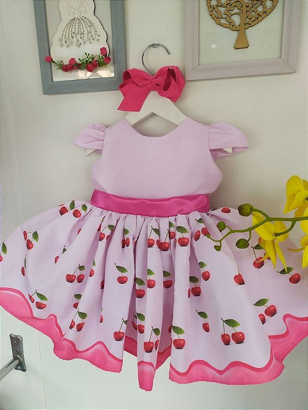 Vestido Cerejinha Faixa Pink Infantil Luxo Festa