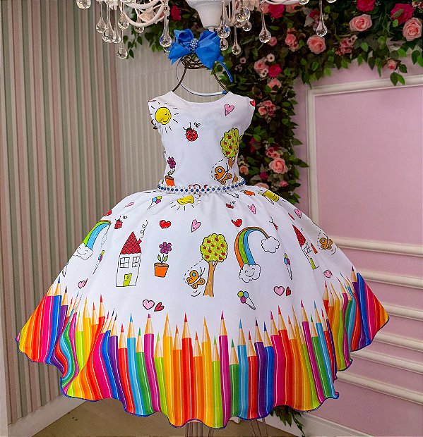 Vestido Lapis Aquarela ABC Branco e Azul Royal