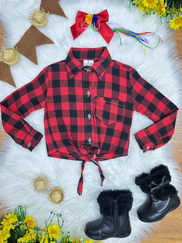 Camisa Junina Infantil Feminina Flanelada Xadrez Preto e Vermelho Arraiá - Manga Longa
