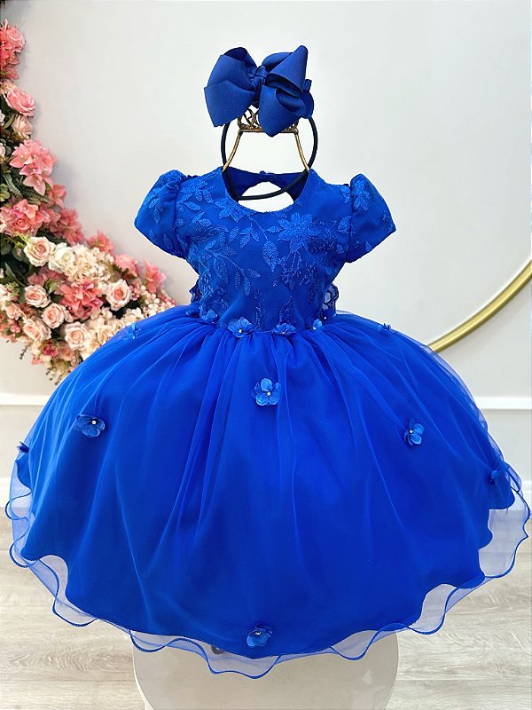 Vestido Infantil Azul Royal Jardim Encantado com Renda