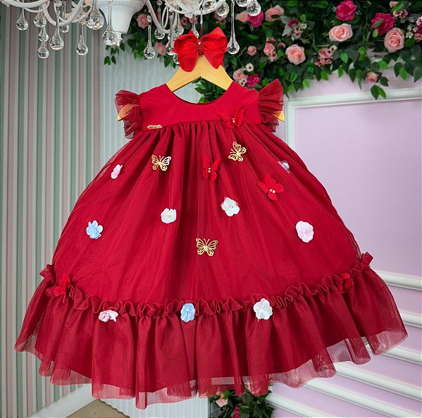 Vestido Jardim das Borboletas Baby Liz Vermelho