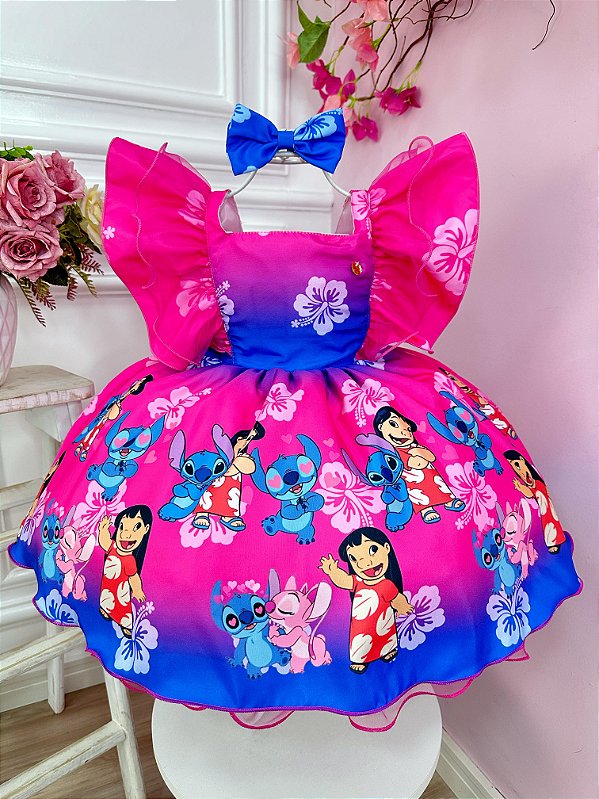 Vestido Infantil Lilo Stitch e Angel Pink  Azul Laço Festas