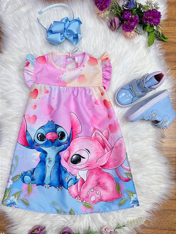 Vestido Infantil Trapézio Lilo Stitch e Angel Rosa Manga