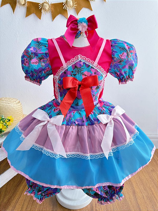 Fantasia Infantil Junino Pink e Azul Com Flores Coloridas