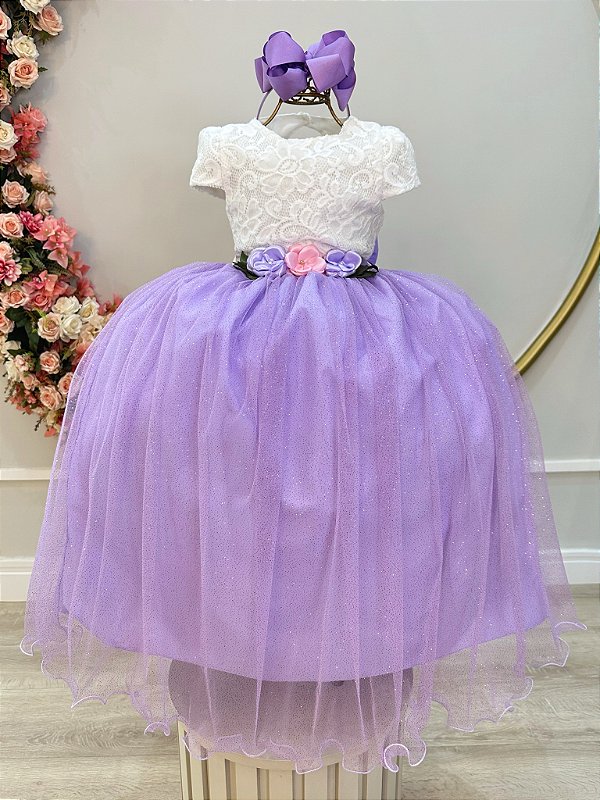 Vestido Infantil Off White Saia Lilás Renda e Broche Damas
