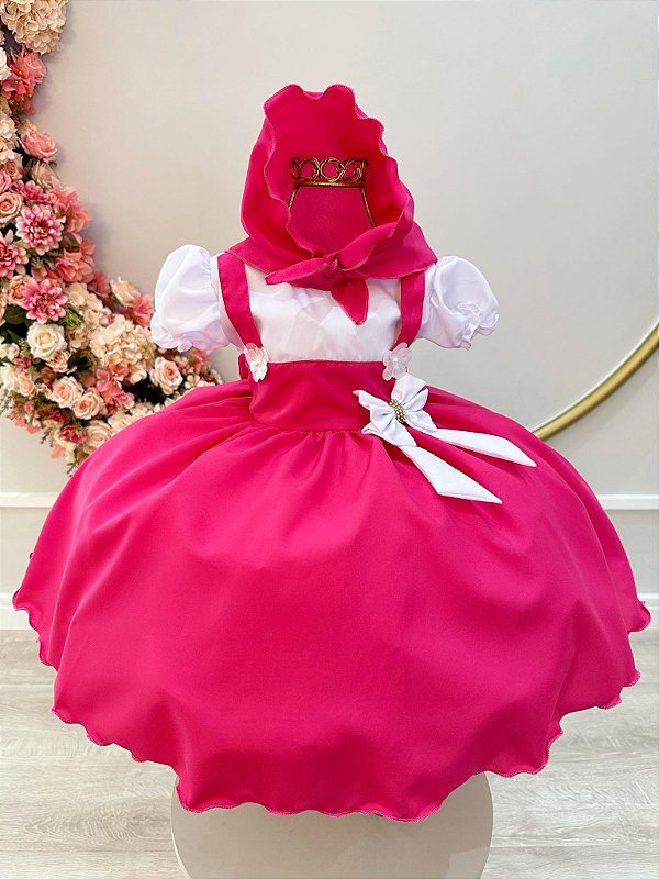 Vestido Infantil Pink Menina e o Urso Lenço e Broche de Laço