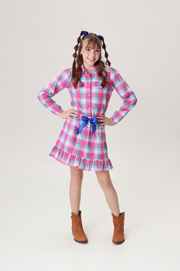 Conjunto Meninas Junino Camisa Rosa Com Mini Saia Xadrez