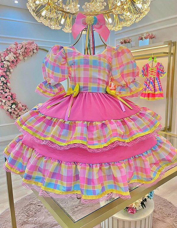 Vestido Infantil Junino Arraiá Festas Xadrez Colorido