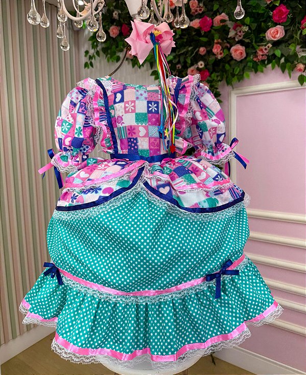 Vestido Junino Celebração Caipira Verde Tiffany