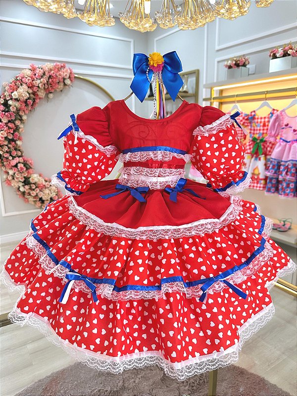 Vestido Infantil Junino Vermelho Desenho Corações