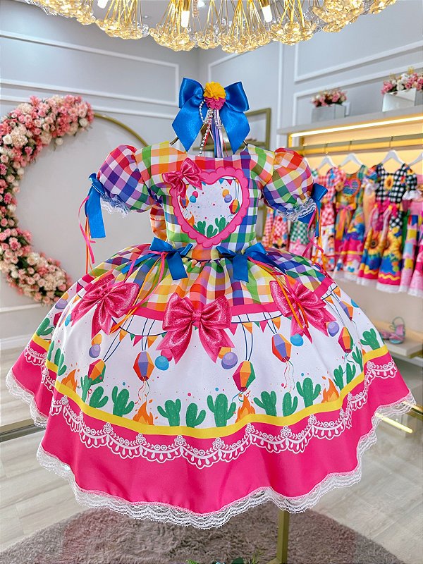 Vestido Infantil Junino Caipira Balões Xadrez Colorido