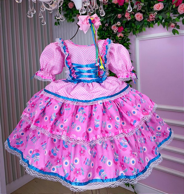 Vestido Junino Infantil Rosa Bebê Quermesse Chique com Babados e Laços