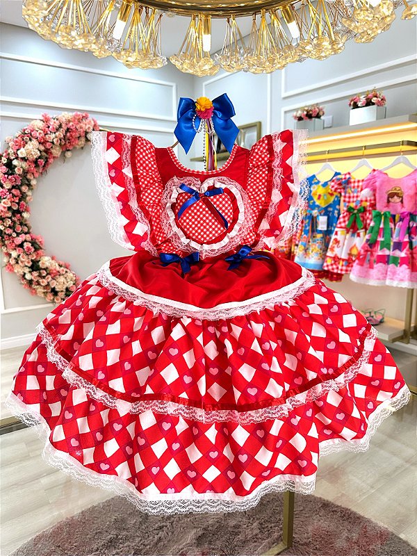 Vestido Infantil Junino Caipira Vermelho Desenho Corações