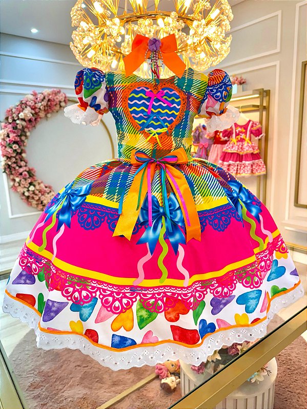 Vestido Infantil Junino Xadrez Colorido Super Luxo