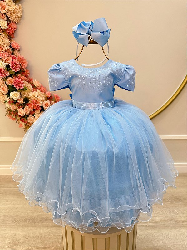 Vestido Infantil Azul Bebê Damas Strass Luxo