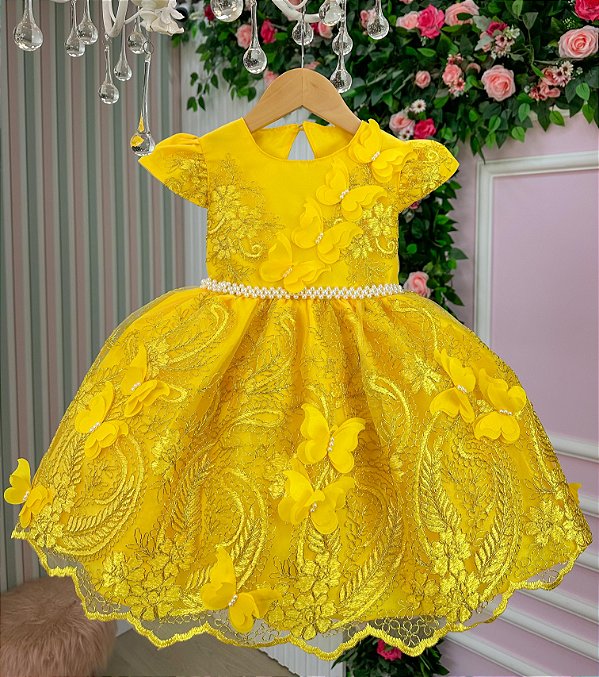 Vestido Jardim Encantado Realeza Amarelo Luxo