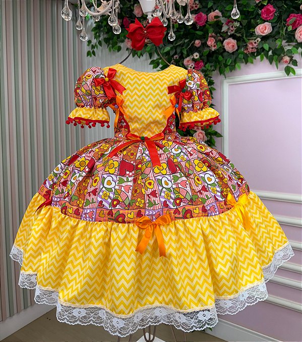 Vestido Junino Quermesse de Luxo Amarelo