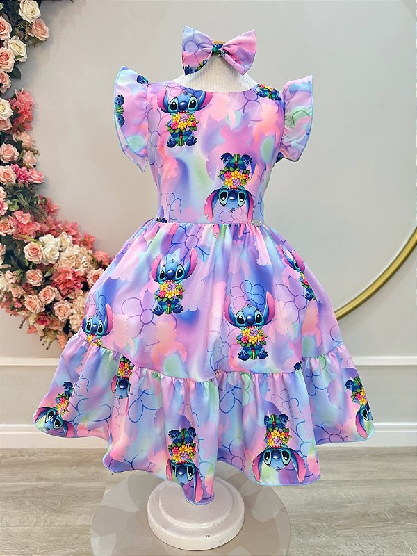 Vestido Infantil Lilo Stitch e Angel com Laço Lilás