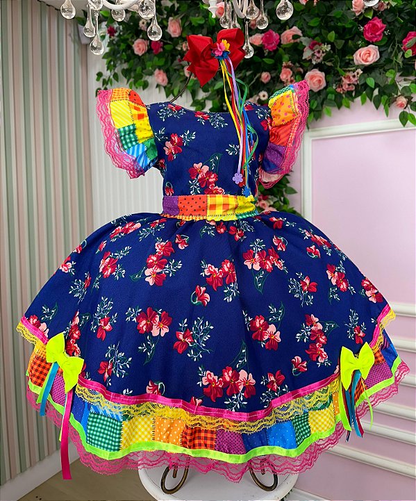 Vestido Junino Azul Luxo Forro Kids