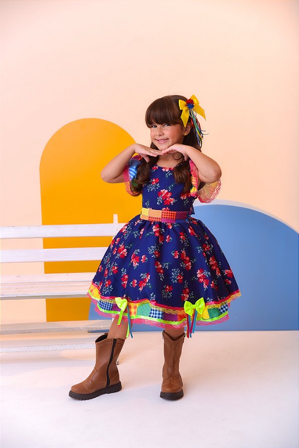 Fantasia Infantil Luxo Junino Arraiá Azul Florido Colorido