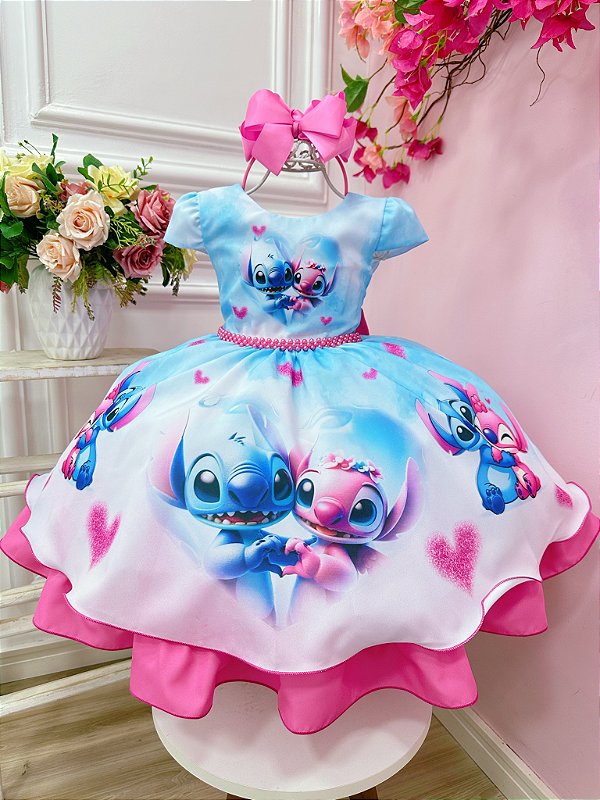 Vestido Infantil Stitch e Angel Apaixonados Azul Festas
