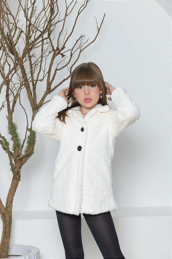 Casaco Infantil Pelúcia Forrado Off White Brilho e Botões
