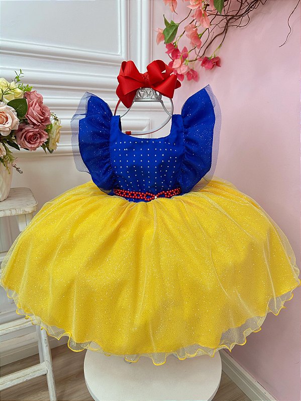 Vestido Infantil Branca de Neve Babados Strass