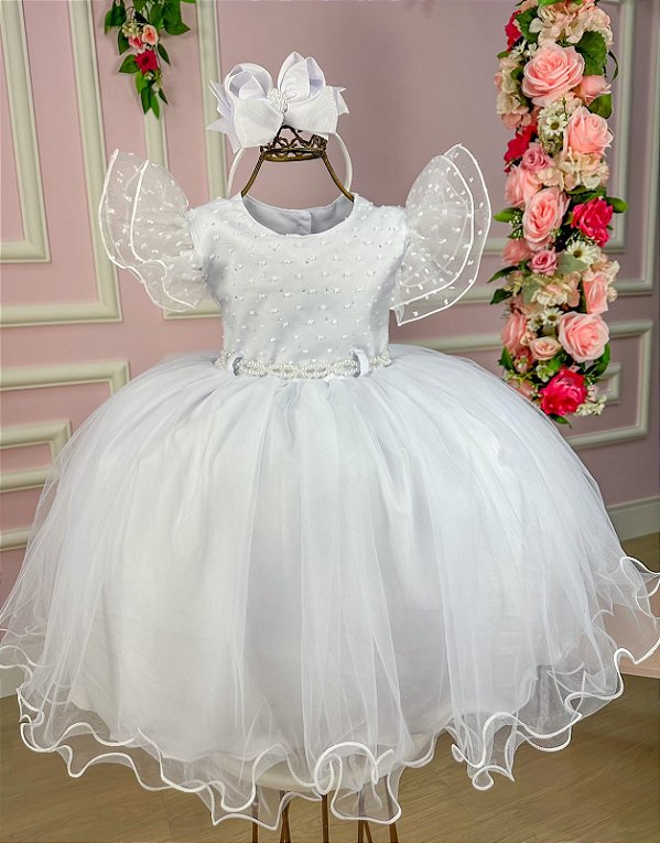 Vestido Batizado Branco Manga Cisne