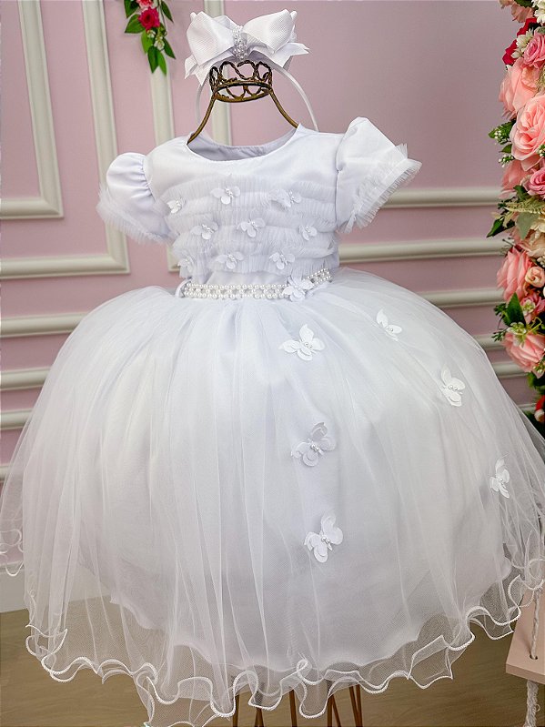 Vestido Branco Batizado Borboletas Peito Tule