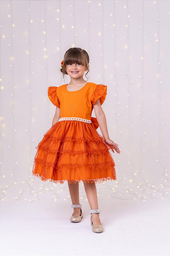 Vestido Infantil Terracota Glitter Festa Luxo