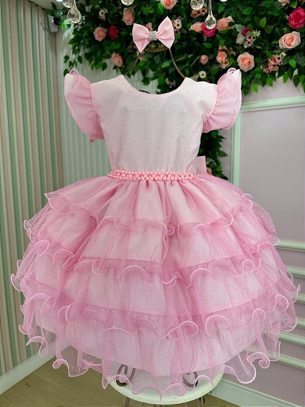 Vestido Infantil Rosa Bebe Glitter Festa Luxo